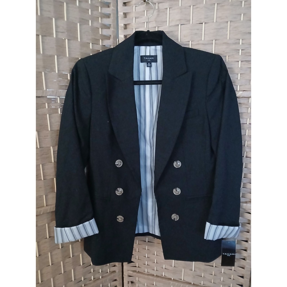 NWT Tahari Women's Black Linen Blend Blazer Jacket Sz 6 Striped Business